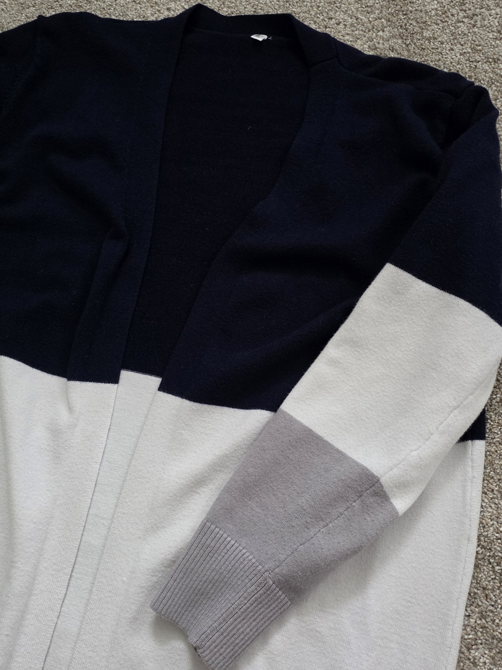 Colorblock Long Open-Front Cardigan - Navy, White & Gray